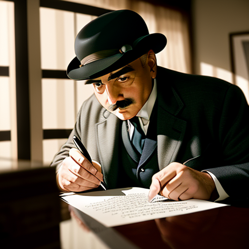 Poirot, in his dimly lit room, brows furrowed, examining a sheaf of incriminating letters, each signed by a different resort guest - a plot twist in the unfolding mystery.